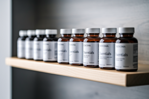 bouteilles-supplements-etagere-bois-fond-flou