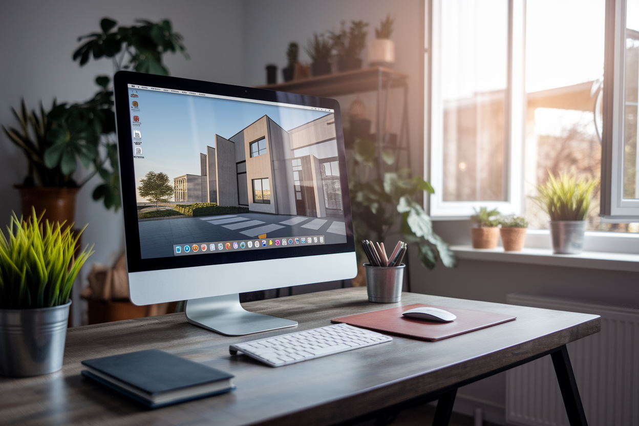 ordinateur-bureau-bois-ecran-flou-plantes