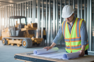 ouvrier-casque-gilet-plans-chantier