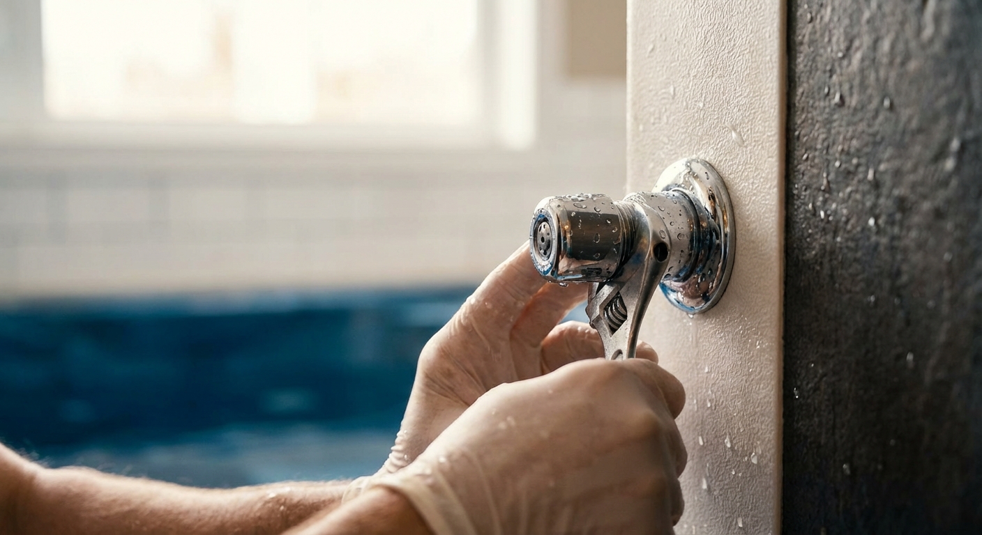 remplacement d'un hydrojet de spa, mains vissant une buse sur la paroi du bassin