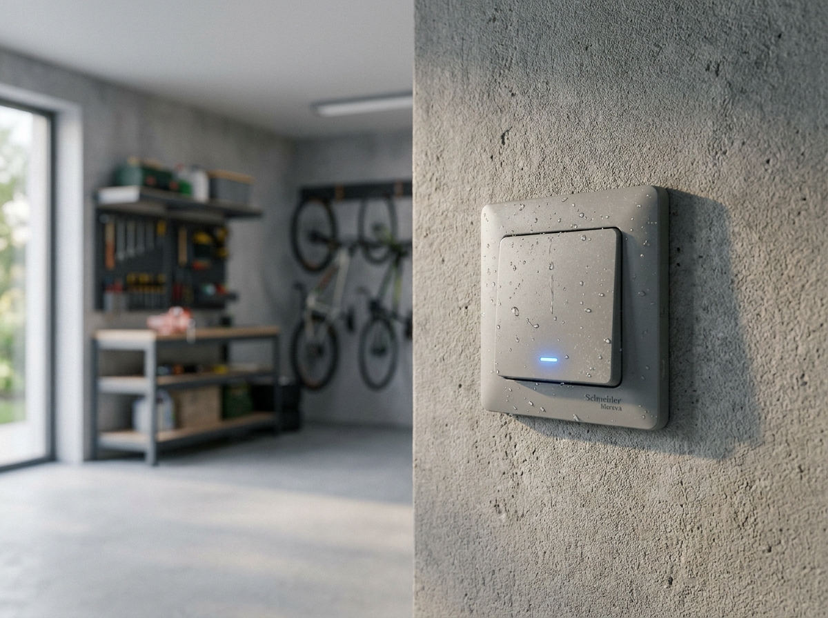interrupteur étanche Mureva Schneider avec voyant LED installé dans un garage