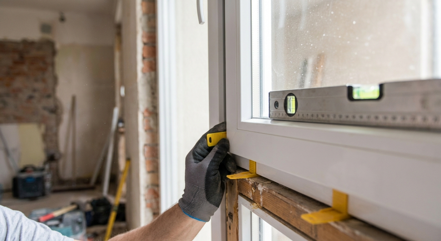 pose d'une fenêtre PVC en rénovation partielle avec calage et vérification du niveau